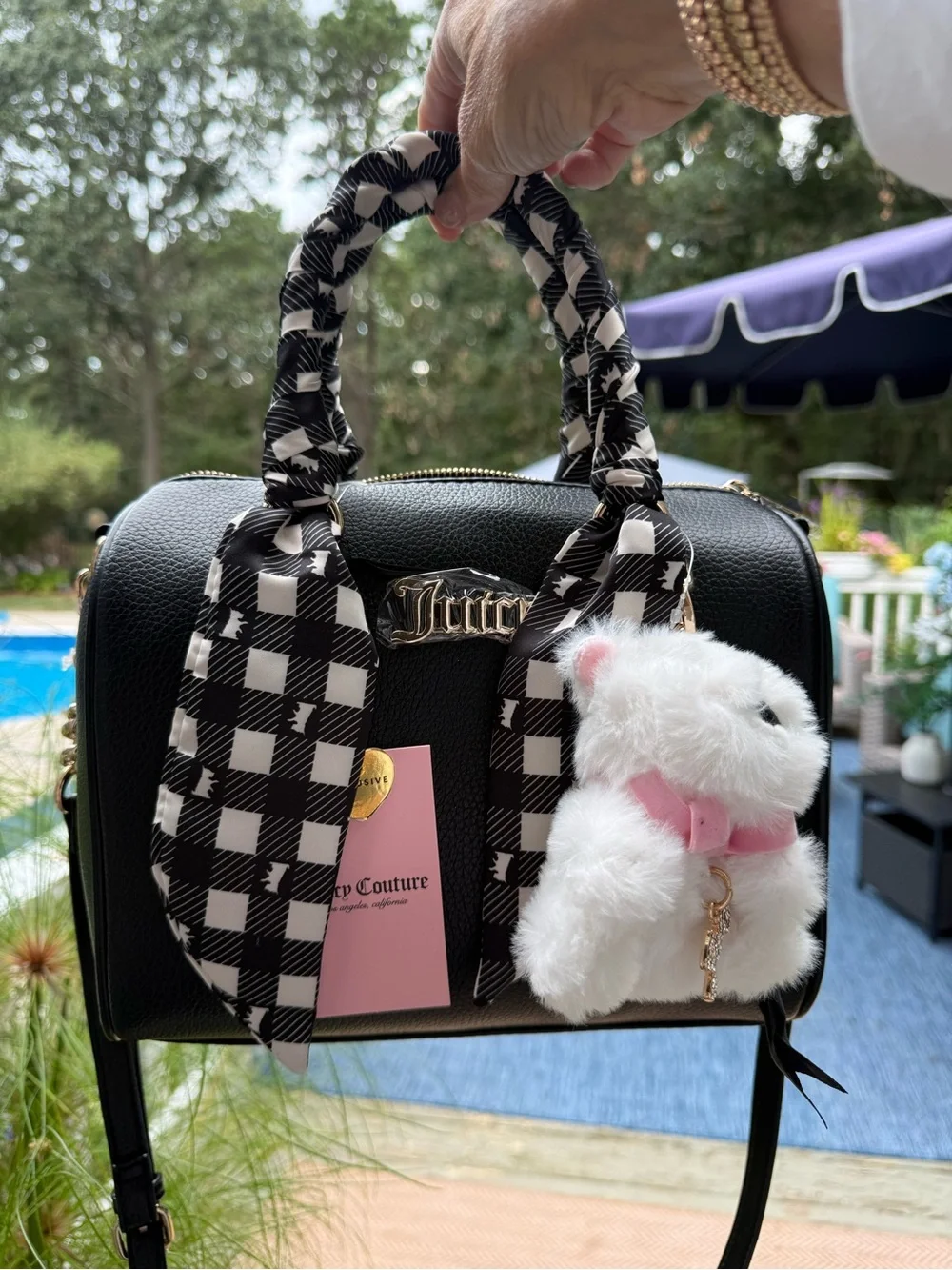 Juicy Couture Black Satchel with Checkered Scarf and Plush Charm
